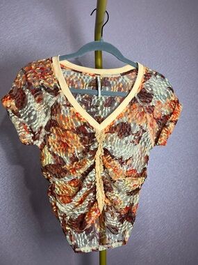 Free People Cream Lace Ruched V-Neck Short Sleeve Top with Brown & Orange Floral